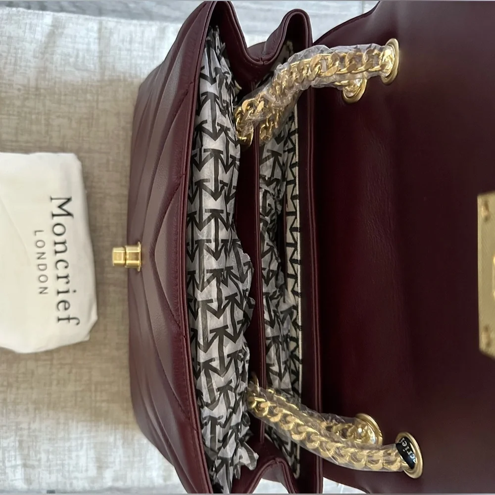 Viral MONCRIEF LONDON Cathryn Bordeaux Leather Flap Over Quilted Tote NWT - Picture 8 of 14